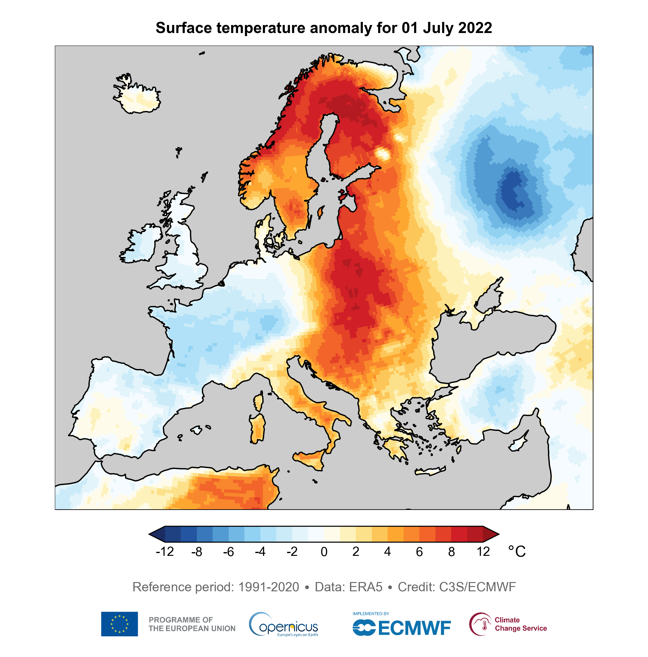 Daily temperature anomalies over Europe July 2022