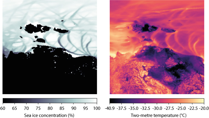 Sea ice concentration and 2 m temperature panels