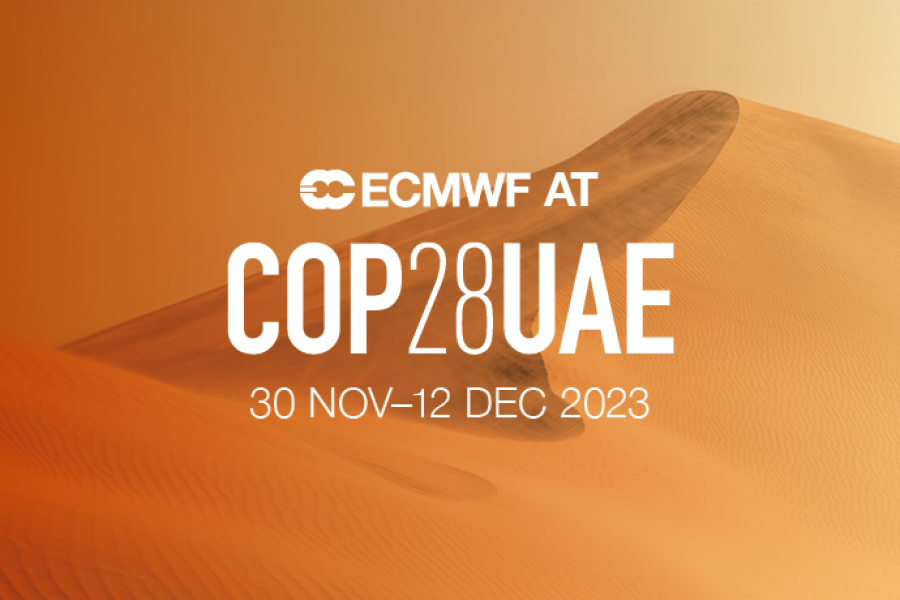 Orange-yellow sand dunes. Overlaid text: ECMWF at COP28, UAE, 30 November to 12 December 2023