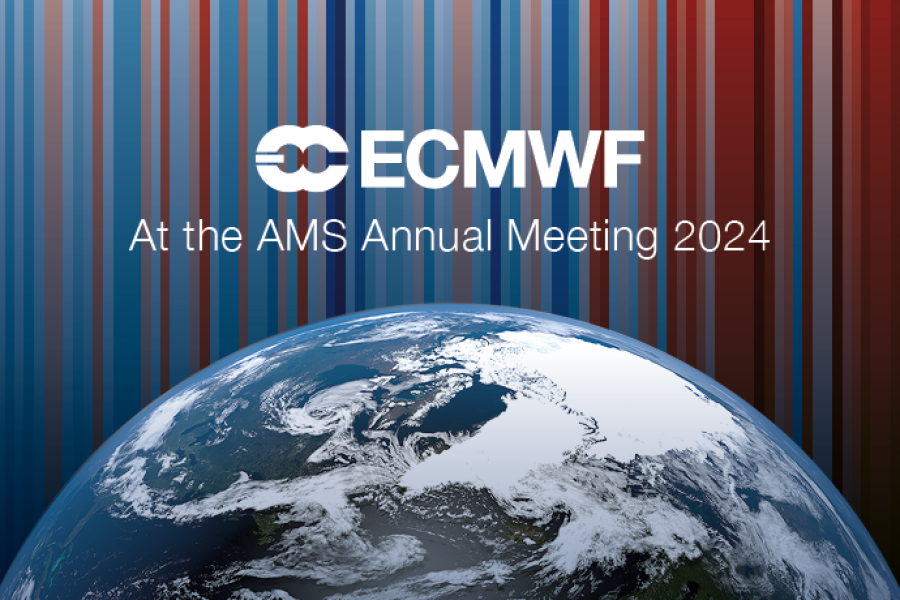 Satellite image of globe against background of climate warming stripes. Text: ECMWF at the AMS Annual Meeting 2024 