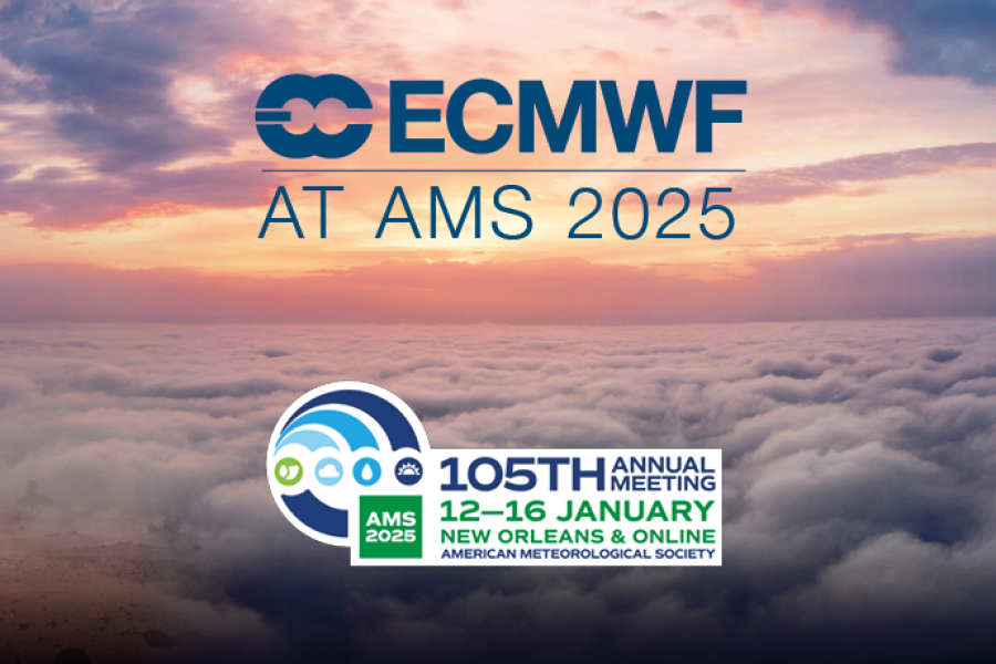 Sunny sky above cloud level. Text: "ECMWF at AMS 2025, 105th Annual Meeting, 12-16 January, New Orleans and Online, American Meteorological Society."