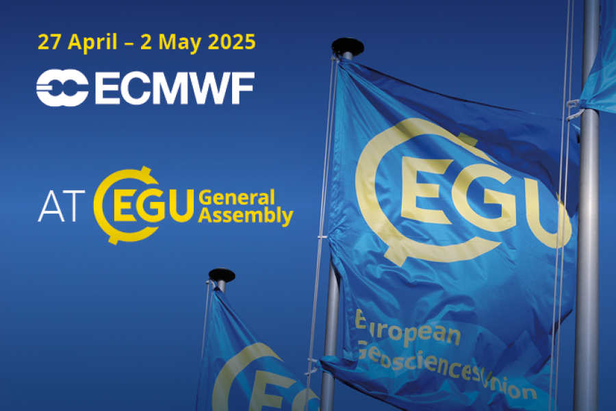 EGU flags in background. Text: "27 April - 2 May 2025. ECMWF at EGU General Assembly"