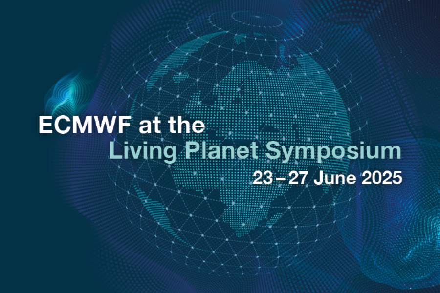 ECMWF at Living Planet Symposium 2025 graphic with globe background with grid network, and title
