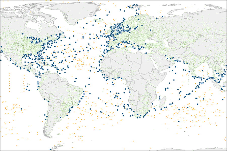 ECMWF data coverage from ships, buoys and on land