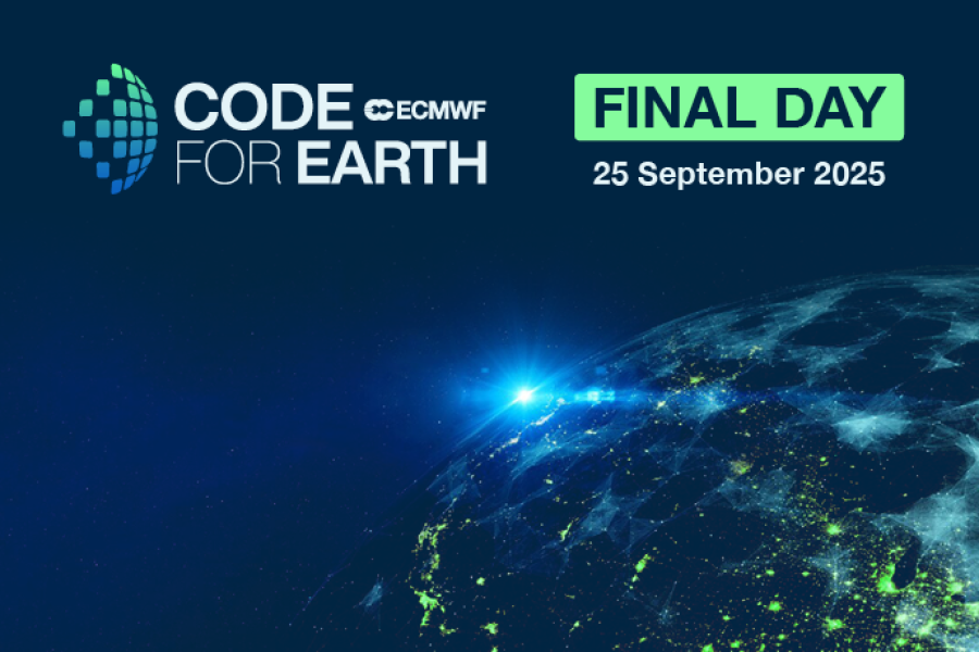 Blue background with image of Earth with bright green splodges. Words 'Code for Earth' written in white text with 'Final Day' in a green block and '25 September 2025' in white underneath