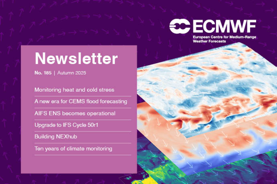 Autumn Newsletter image. The background is purple with the ECMWF logo in white. A stacked image of maps is located on the right with a pink box on the left containing white text that reads 'Newsletter No. 185 Autumn 2025: Monitoring heat and cold stress, A new era for CEMS flood forecasting, AIFS ENS becomes operational, Upgrade to IFS Cycle 50r1, Building NEXhub, ten years of climate monitoring