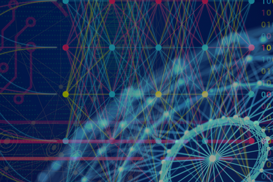 Dark blue banner image with circular network showing connections. Over the top are red lines and colourful dots