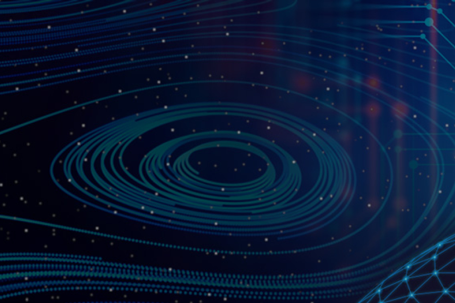 Blue banner with swirls and a cloud graphic on