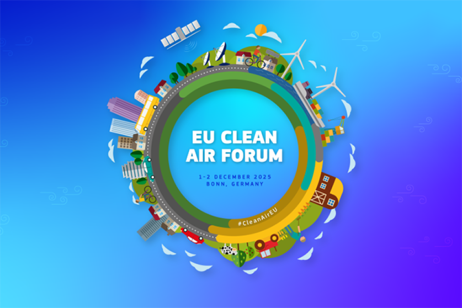Blue background with circular Clean Air Forum logo. The logo features cartoon urban environment. In the middle is "EU Clean Air Forum" written in white with the date and location underneath.