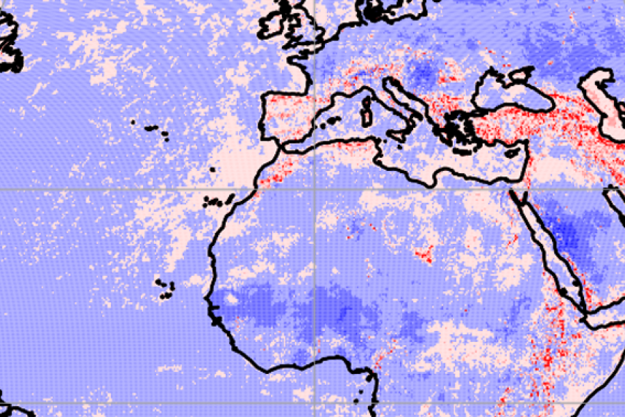 Purple map of globe with patches of red, light pink and blue