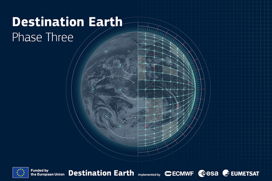 blue backgound with Earth on and white text reading "Destination Earth Phase three". Logos for ECMWF, Destination earth, the EU, ESA and EUMETSAT are at the bottom