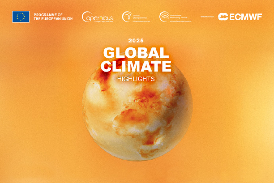 An orange-themed graphic featuring a large planet-like sphere in the center, resembling Jupiter with swirling patterns of beige and brown. At the top, the text “2025” is visible. The bottom section includes several logos: the European Union flag with “Programme of the European Union,” the Copernicus logo, the Climate Change Service logo, the Atmospheric Monitoring Service logo, and the ECMWF logo. The background is a gradient of warm orange tones.