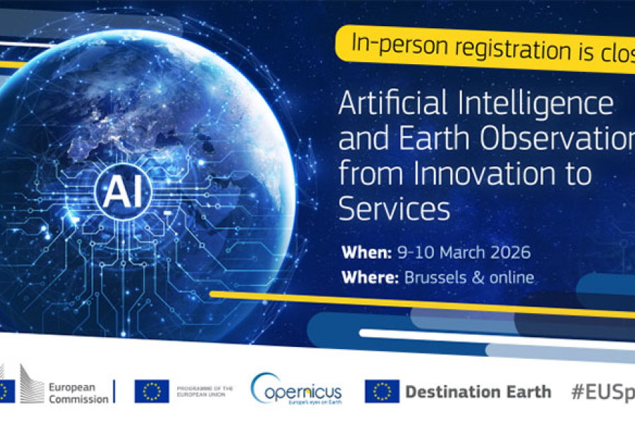 A promotional graphic for an event titled “Artificial Intelligence and Earth Observation: from Innovation to Services.” The left side shows a digital illustration of Earth at night with glowing network lines and a circular “AI” icon in the center. A yellow banner at the top right reads “In-person registration is closed.” Event details note the dates 9–10 March 2026 and the location Brussels and online. Logos for the European Commission, Copernicus, DestinE, and the EU Space programme appear along bottom 