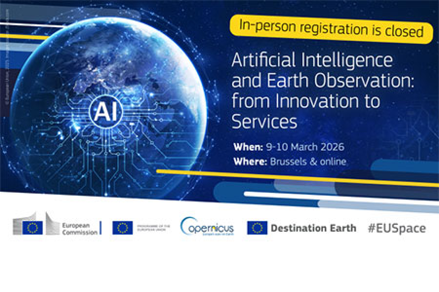 Promotional graphic featuring a digital rendering of Earth with glowing technological circuitry and an 'AI' icon at the center. A yellow banner across the top reads 'In-person registration is closed.' Text on the right announces the event 'Artificial Intelligence and Earth Observation: from Innovation to Services,' taking place 9–10 March 2026 in Brussels and online. Along the bottom are logos of the European Commission, Copernicus, Destination Earth, and the EU Space initiative.