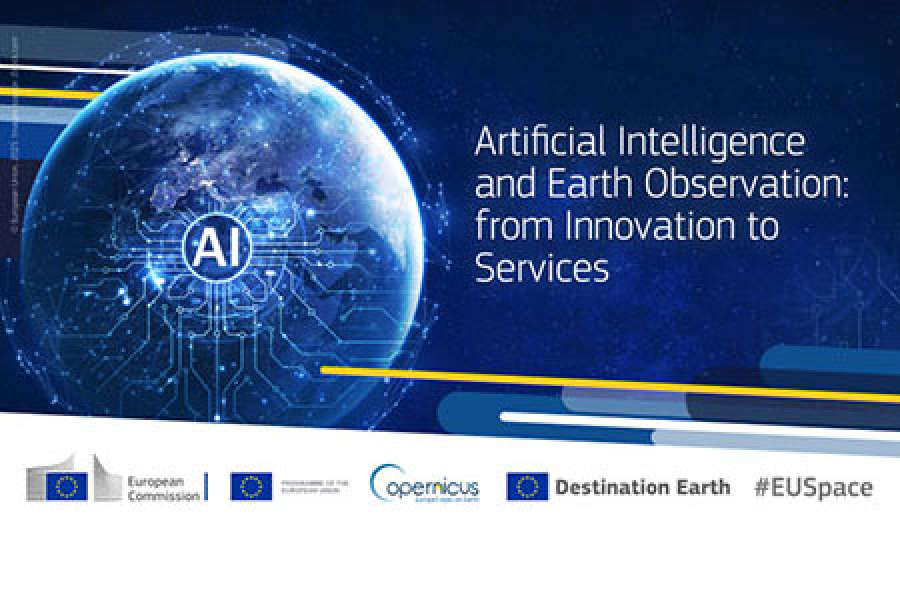 A digital graphic showing a glowing blue Earth with circuit‑like lines extending across the surface, symbolizing artificial intelligence. A circular icon with the letters “AI” appears over the globe. To the right, white text reads: “Artificial Intelligence and Earth Observation: from Innovation to Services.” Along the bottom are logos for the European Commission, the EU Programme, Copernicus, Destination Earth, and the hashtag #EUSpace. Background is a dark star‑filled space scene.