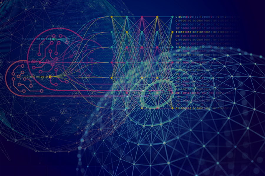 Abstract graphic showing interconnected neural‑network diagrams, binary code, and geometric mesh patterns, representing AI, data flows, and complex computational networks.