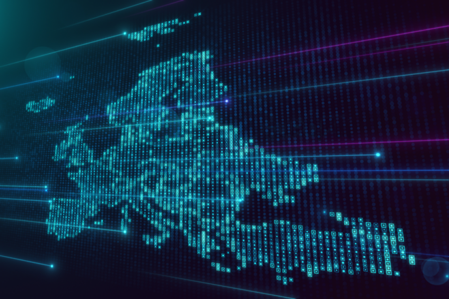 Digital map of Europe made from glowing blue binary code with streaks of light across a dark background