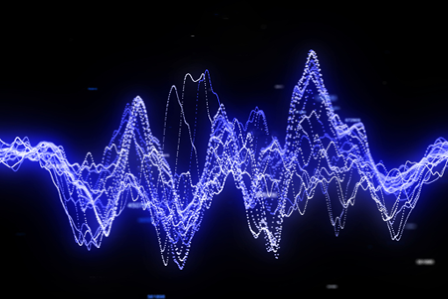 Abstract blue waveform lines on a dark background.