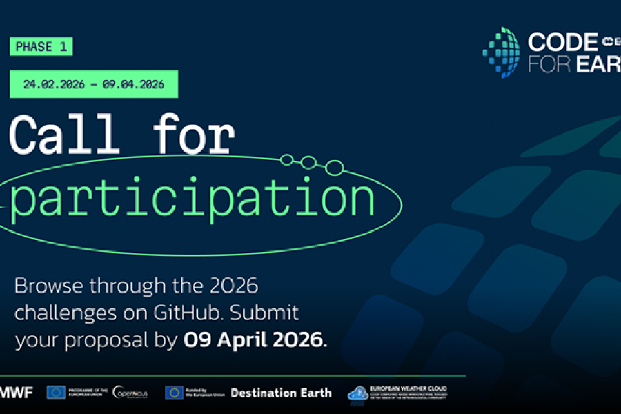 A promotional banner for ECMWF’s “Code for Earth” initiative. It reads: “Phase 1: 24.02.2026 – 09.04.2026. Call for participation.” Below, text says: “Browse through the 2026 challenges on GitHub. Submit your proposal by 09 April 2026.” The design features a dark blue background with green and teal digital-style graphics, including an oval highlight around the word “participation.” Logos for ECMWF, Copernicus, the European Union, Destination Earth, and the European Weather Cloud appear along the bottom.