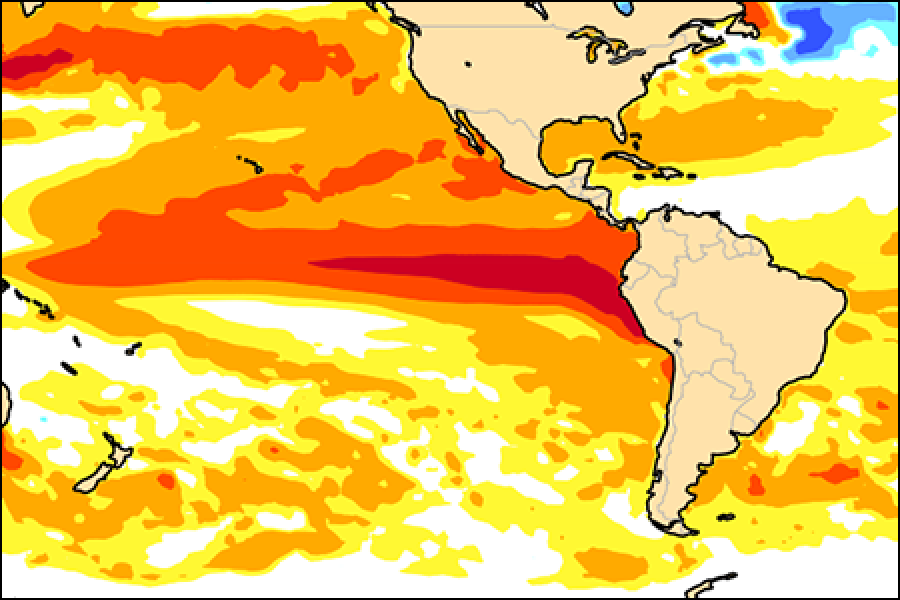 Map of the tropical Pacific and Americas showing strong warm sea surface temperature anomalies across the eastern and central equatorial Pacific, with broader ocean warming surrounding the region.