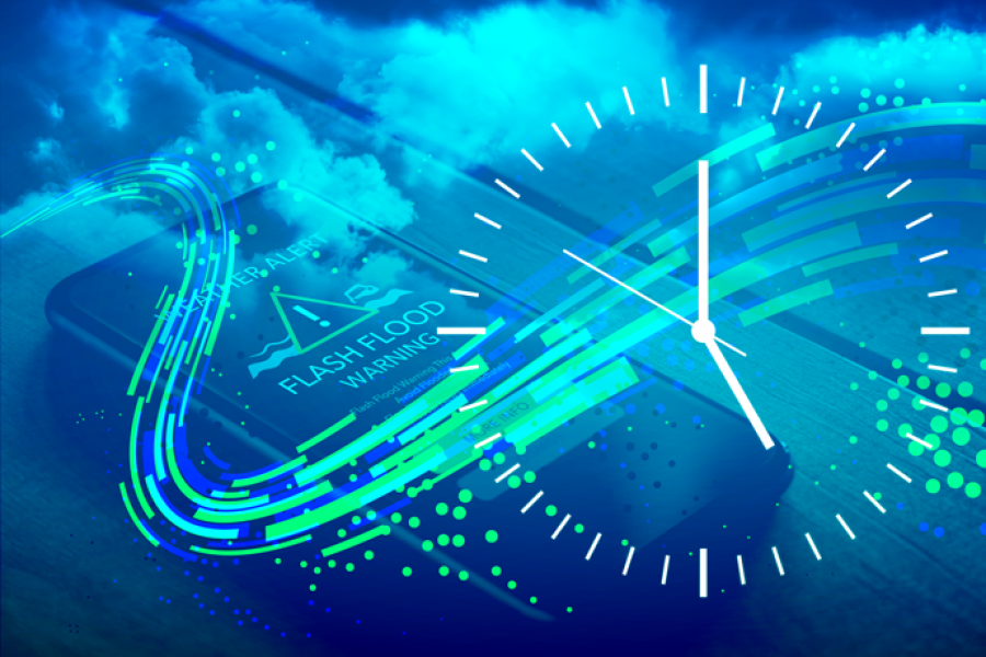 Abstract image of a smartphone displaying a “Flash Flood Warning” alert, overlaid with a clock and flowing data lines against stormy clouds.