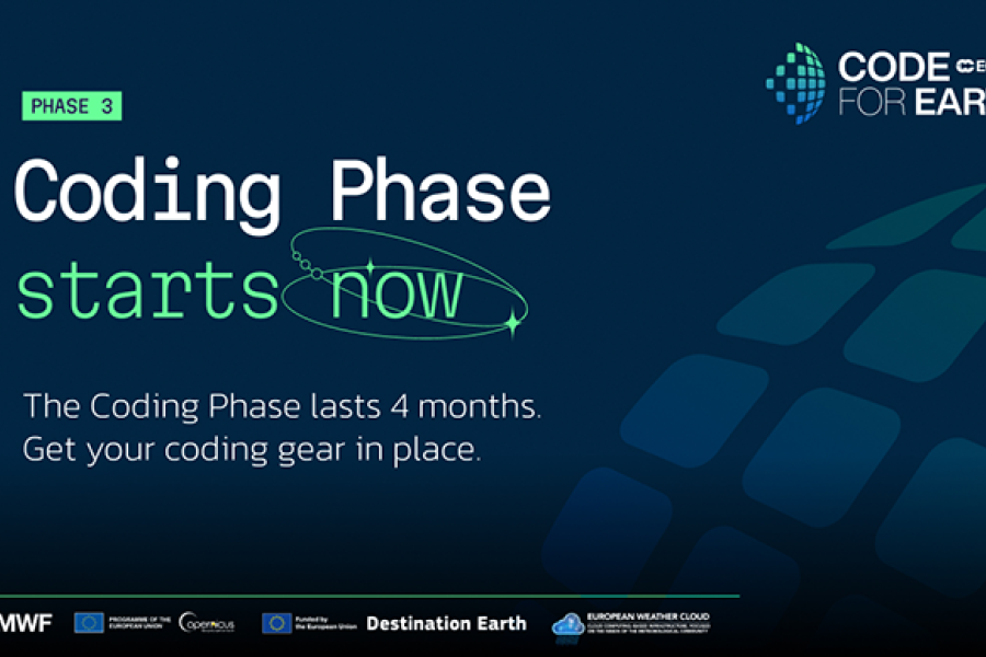 Promotional graphic announcing Code for Earth Phase 3 coding phase (May–September 2026), with message “Coding phase starts now” and ECMWF and partner logos.