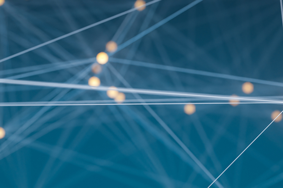 Abstract network graphic with glowing nodes connected by lines on a blue background, representing data or AI connections.