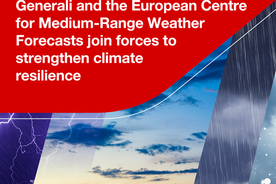 Graphic showing extreme weather scenes—lightning, sunset clouds and heavy rain with white text about the Generali–ECMWF collaboration on climate resilience on red background. The Generali logo is in the bottom right.
