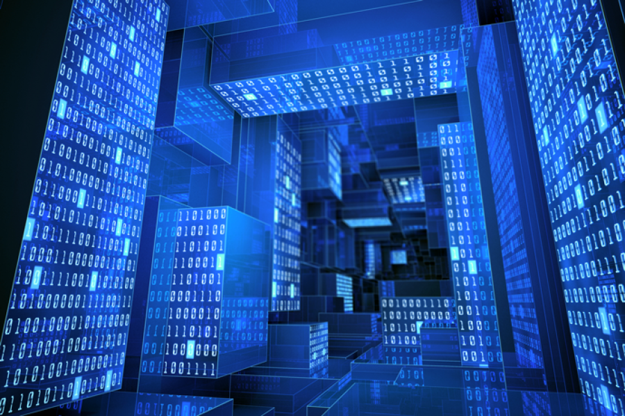 Abstract digital corridor filled with blue, glass-like structures displaying streams of binary code (0s and 1s).