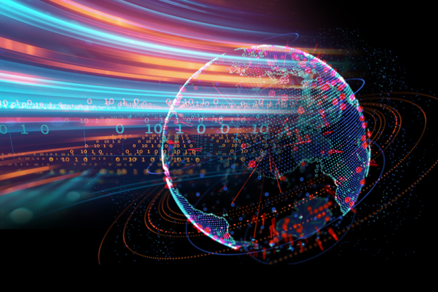 Stylised digital globe composed of data points and binary code, with colourful light trails representing fast-flowing global data.