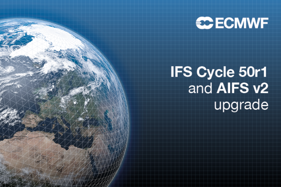 Promotional graphic showing a globe overlaid with a grid, alongside ECMWF branding and text announcing the IFS Cycle 50r1 and AIFS v2 upgrade.