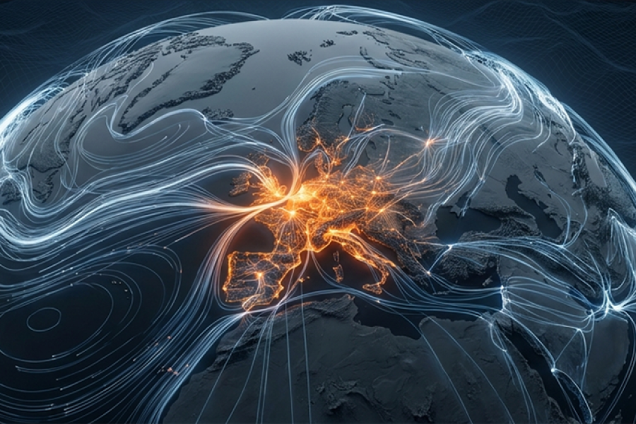 Visualisation of Europe at night with glowing data hubs and streaming lines representing data flows across the globe.