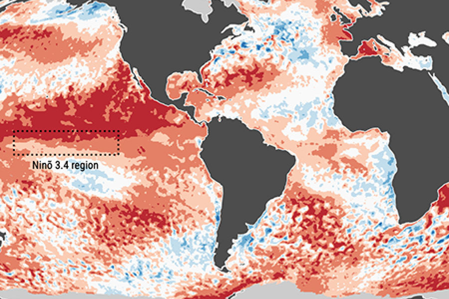 Map of world with countries in grey and oceans in red and blue with the El Nino 3.4 region in a box