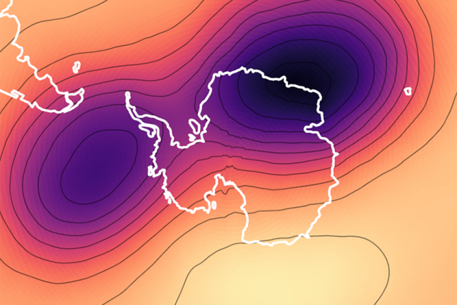 Polar map centred on Antarctica showing geopotential height at 50 hPa during a stratospheric polar-vortex split event. Two dark purple vortex centres flank Antarctica, with tightly packed contour lines indicating strong gradients. Colours transition from pale orange to deep purple, highlighting the split structure of the Antarctic polar vortex.