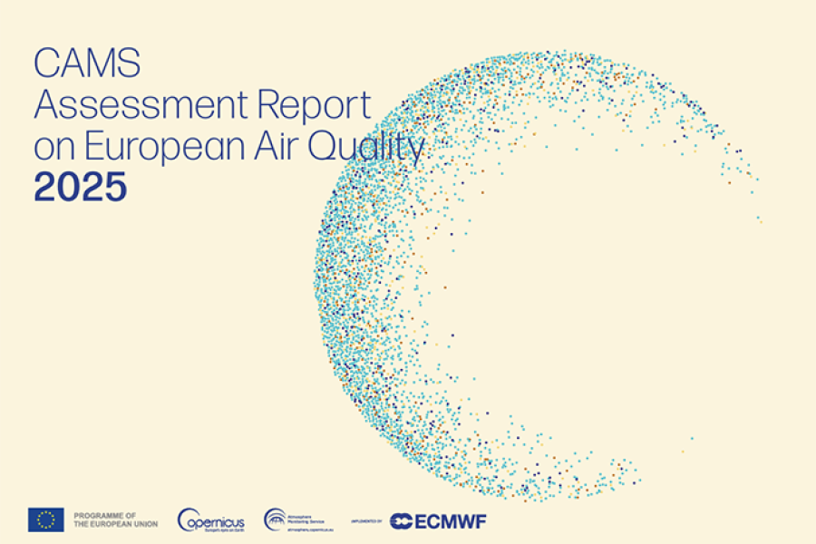 Cover image of CAMS European air quality report 2025 with light yellow background and a circle covered in dots. Logos for the EU, Copernicus, CAMS and ECMWF at the bottom