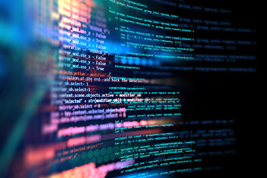 Close-up illustration of computer code displayed on a screen, representing software development, data processing, or programming.
