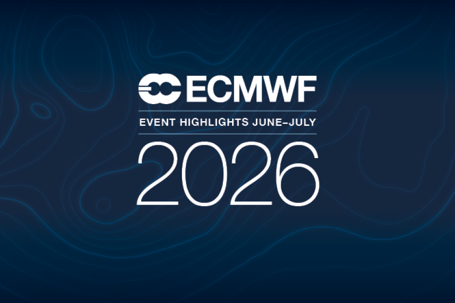 Blue background with ECMWF logo on and white text that reads "event highlights june-july 2026"