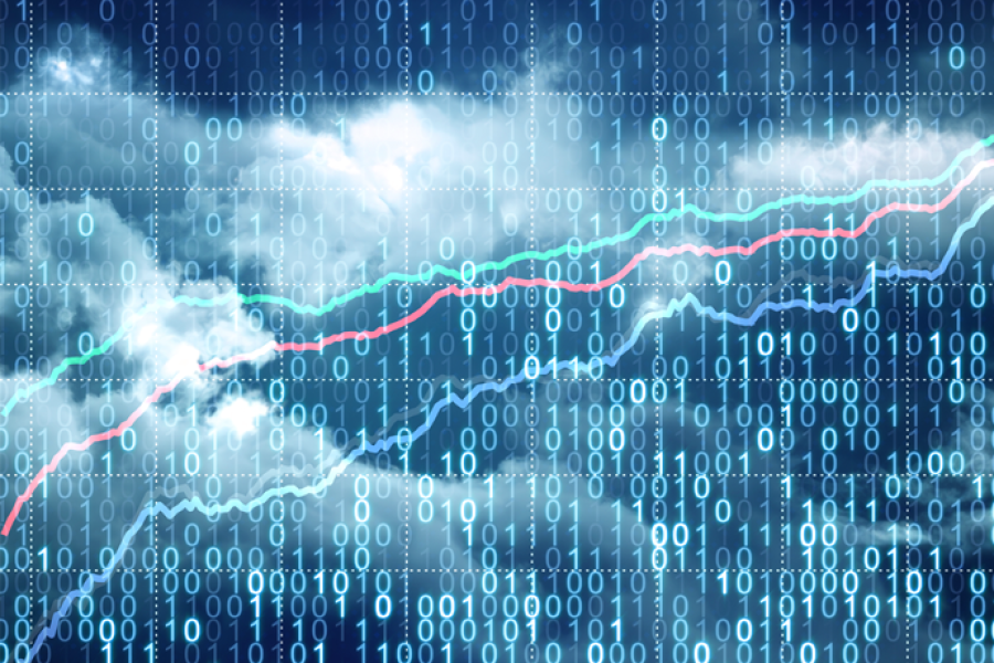 Illustration of data quality monitoring, showing trends and performance metrics overlaid on digital data streams.