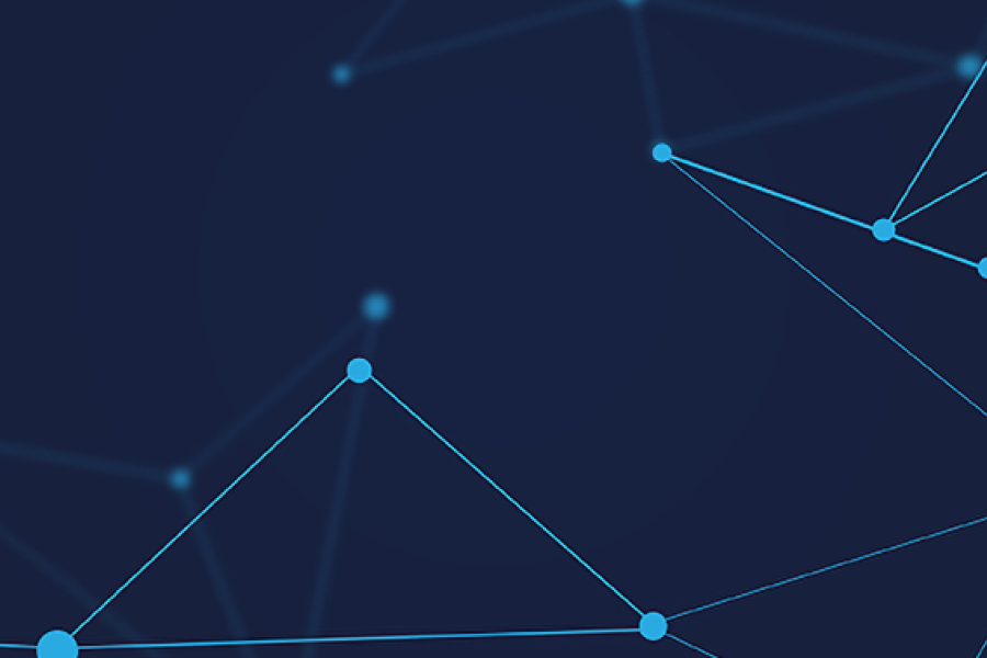 bstract digital network graphic showing interconnected blue nodes and lines on a dark blue background, representing data connections, knowledge networks, or information exchange.