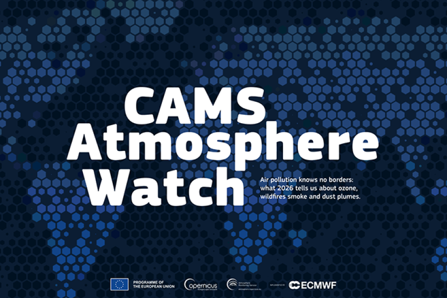 Cover of the CAMS Atmosphere Watch 2026 report, showing a stylised blue world map with the title “CAMS Atmosphere Watch” and a subtitle referring to ozone, wildfire smoke and dust plumes.