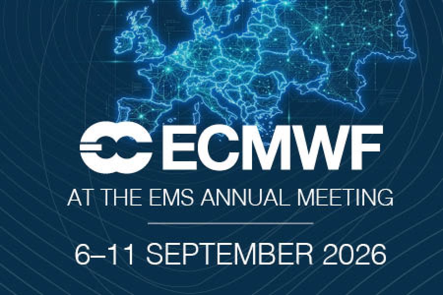 Blue background with Europe outline and ECMWF logo with white text 'at the EMS annual meeting 6-11 September 2026'