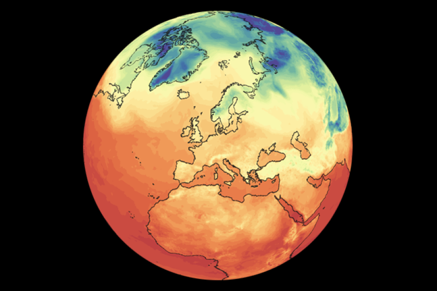 Globe showing near-surface air temperatures across Europe, Africa and the North Atlantic, with warmer conditions in orange and red and colder regions in blue and green.