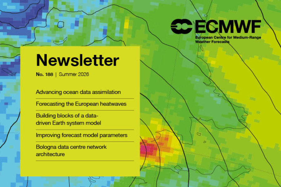 Cover of ECMWF Newsletter 188 (Summer 2026) featuring a coloured weather data map background and headlines on ocean data assimilation, European heatwaves, data-driven Earth system models, forecast model parameters, and Bologna data centre network architecture.