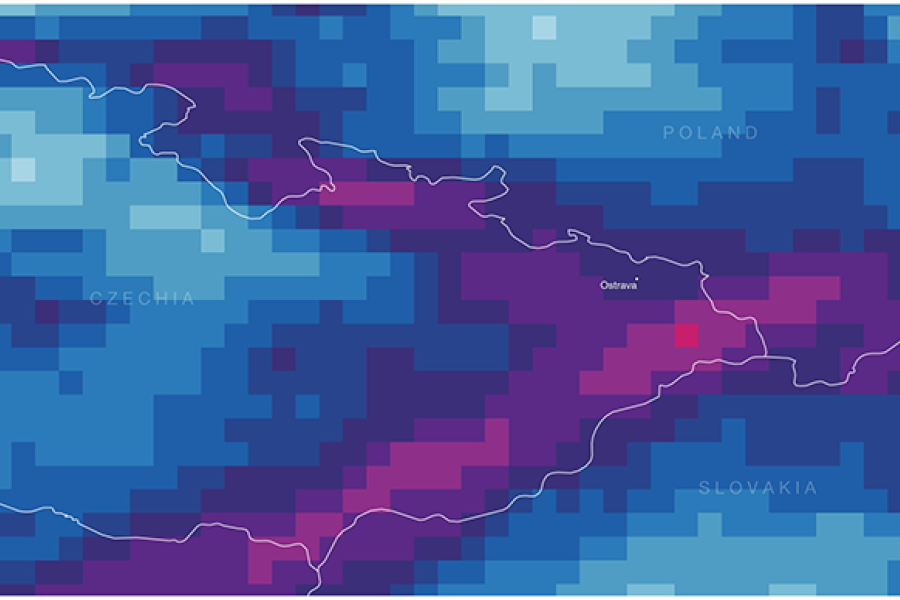 map showing gridded values across Czechia, Poland and Slovakia, with darker purple and pink bands indicating higher concentrations and blue areas indicating lower values.