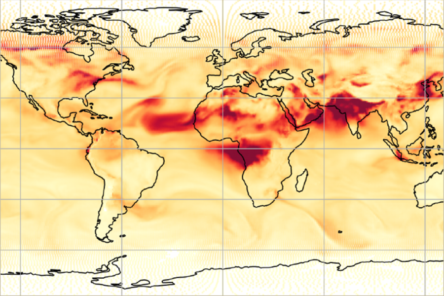 Global map showing atmospheric dust concentrations, with the highest levels over the Sahara, Arabian Peninsula, and parts of South and Central Asia, and plumes extending across the Atlantic and Indian oceans.