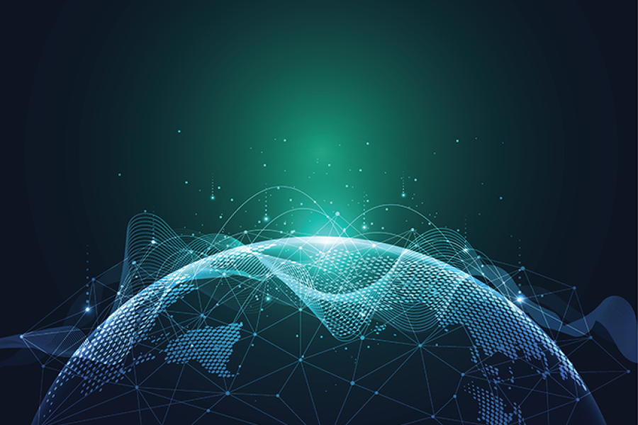 Stylised digital globe with interconnected data networks, illustrating global data exchange, collaboration and information flows across the Earth.