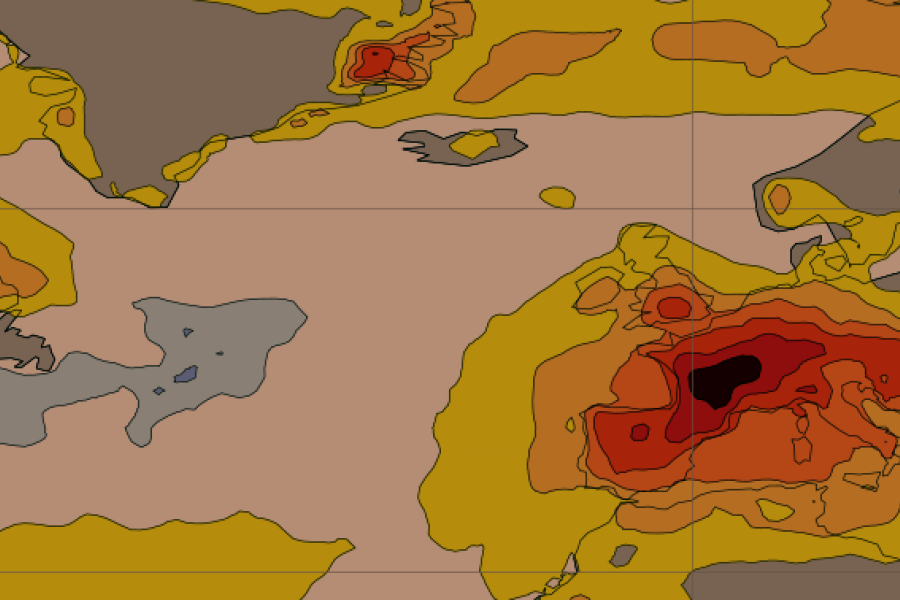 Contour map showing areas of extreme heat intensity across the Northern Hemisphere, with the highest values concentrated over northern Eurasia and parts of Europe, displayed using shades from yellow to dark red.