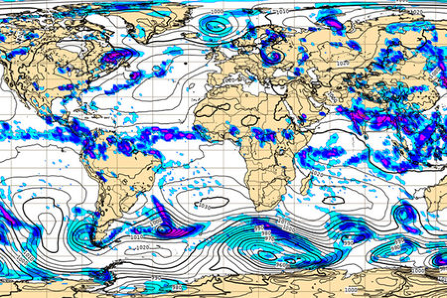 ECMWF open chart: rain and mean sea-level pressure. 