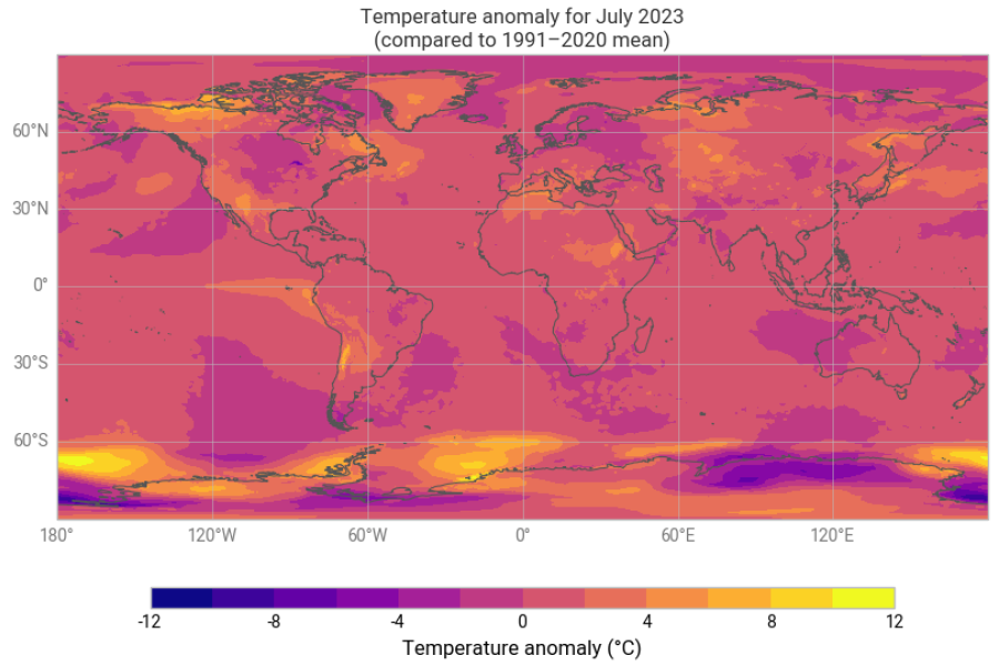 Tutorial on July 2023 record-breaking global surface temperatures using climate data from C3S