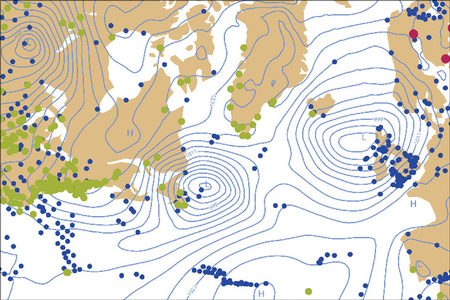 Mean sea level pressure analysis for 1200 UTC 4 June 1944 Locations of observations assimilated between 0901 UTC 4 June and 0900 UTC 5 June 1944, superimposed on the surface pressure analysis (contour interval 3 hPa) for 1200 UTC 4 June